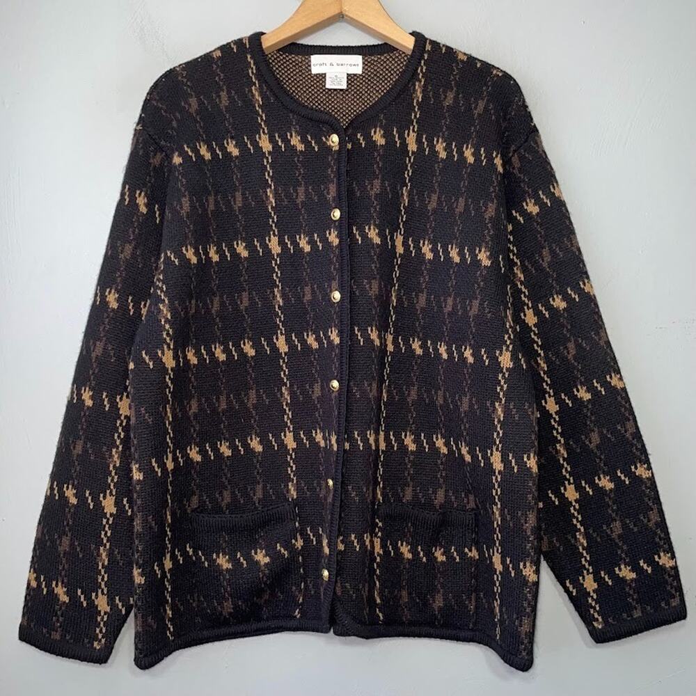 Vintage Boxy Plaid Sweater Size XL Brown Cardigan Equestrian Twee Dark Academia